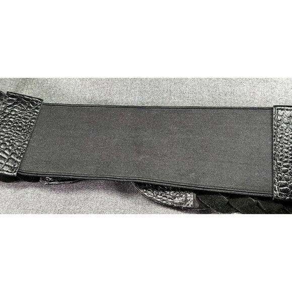 Vintage 1990s Black Woven Leather 3" Wide Elastic Belt - Picture 3 of 13